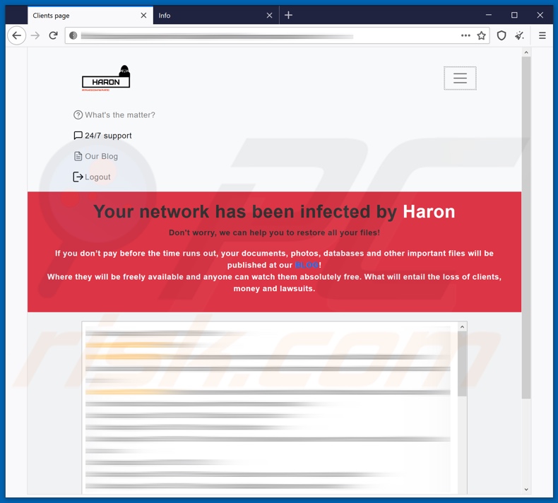 El ransomware Haron muestra la página web después de iniciar sesión