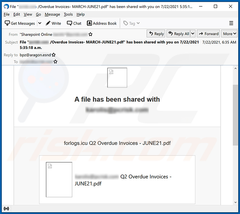 Email no deseado con temática de facturas que promociona un sitio web de phishing (23 de julio de 2021)