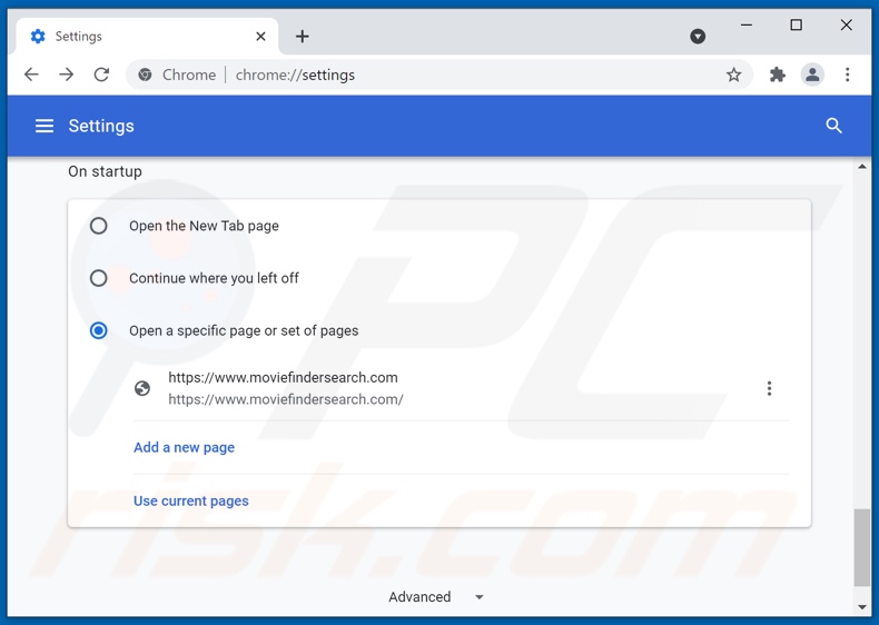 Eliminando moviefindersearch.com de la página de inicio de Google Chrome