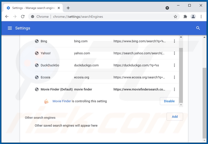 Eliminando moviefindersearch.com del motor de búsqueda predeterminado de Google Chrome