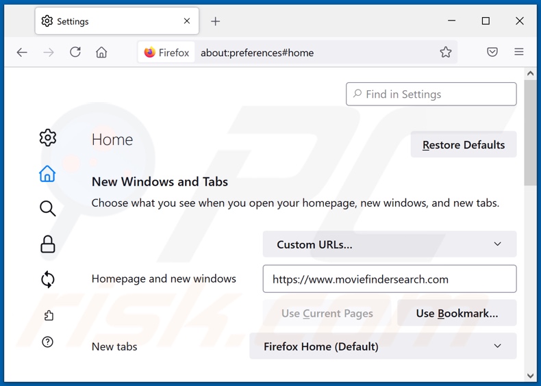 Eliminando moviefindersearch.com de la página de inicio de Mozilla Firefox