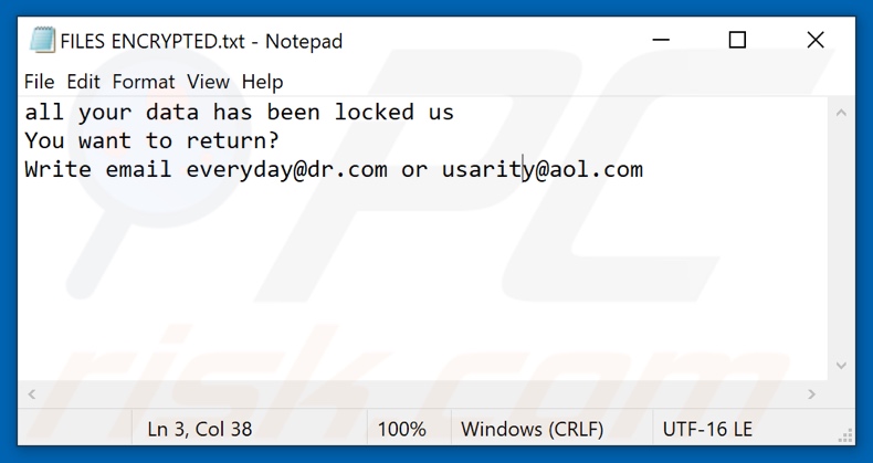 Archivo de texto del ransomware Myday (FILES ENCRYPTED.txt)