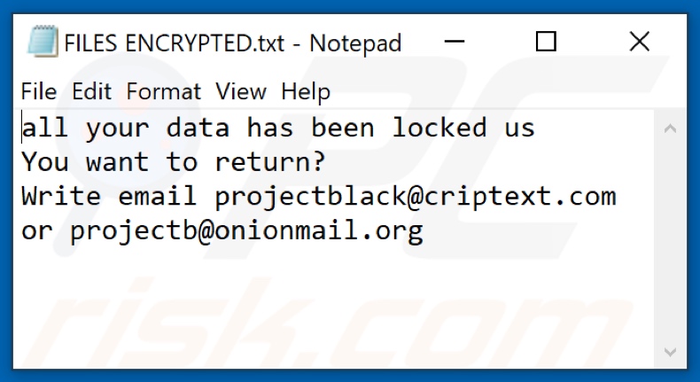 Archivo de texto del ransomware PB (FILES ENCRYPTED.txt)