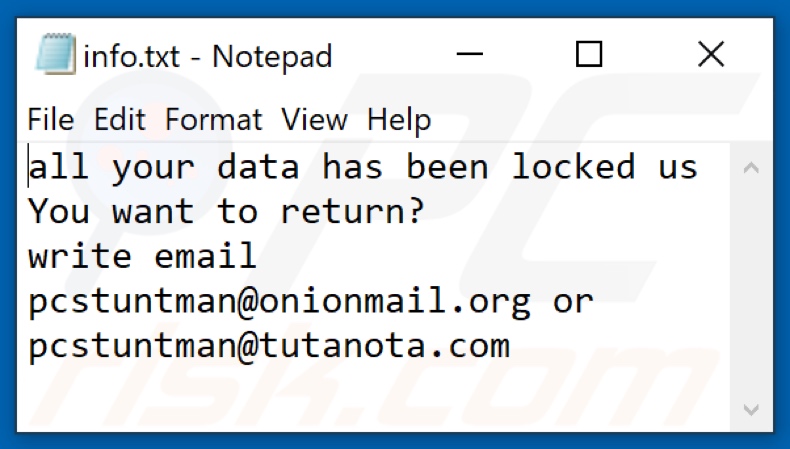 Archivo de texto del ransomware PcS (info.txt)