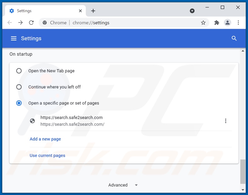 Eliminando search.safe2search.com de la página de inicio de Google Chrome