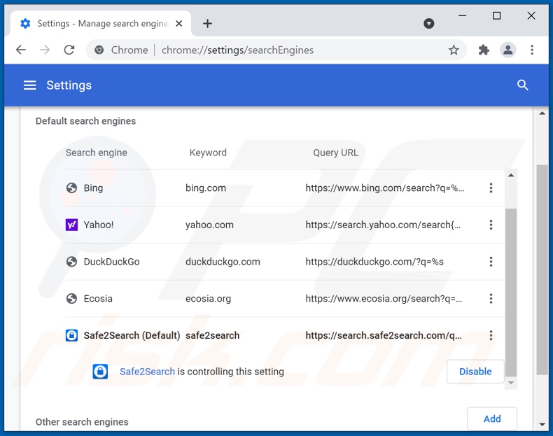 Eliminando search.safe2search.com del motor de búsqueda predeterminado de Google Chrome