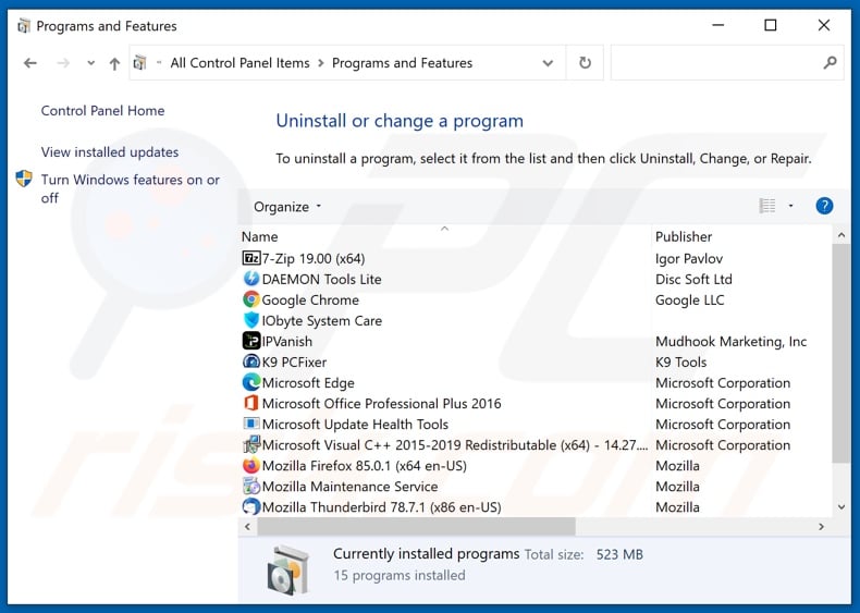 Desinstalación del secuestrador del navegador Safe2Search a través del Panel de Control