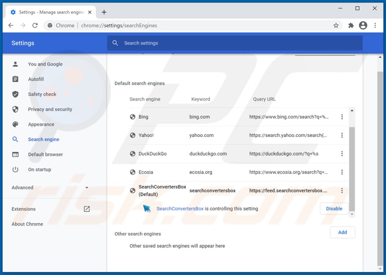 Eliminando searchconvertersbox.com del motor de búsqueda predeterminado de Google Chrome