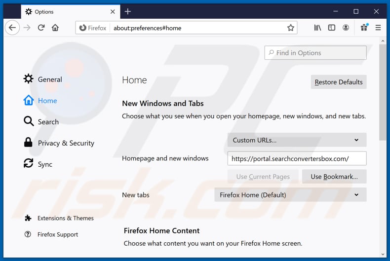 Eliminando searchconvertersbox.com de la página de inicio de Mozilla Firefox