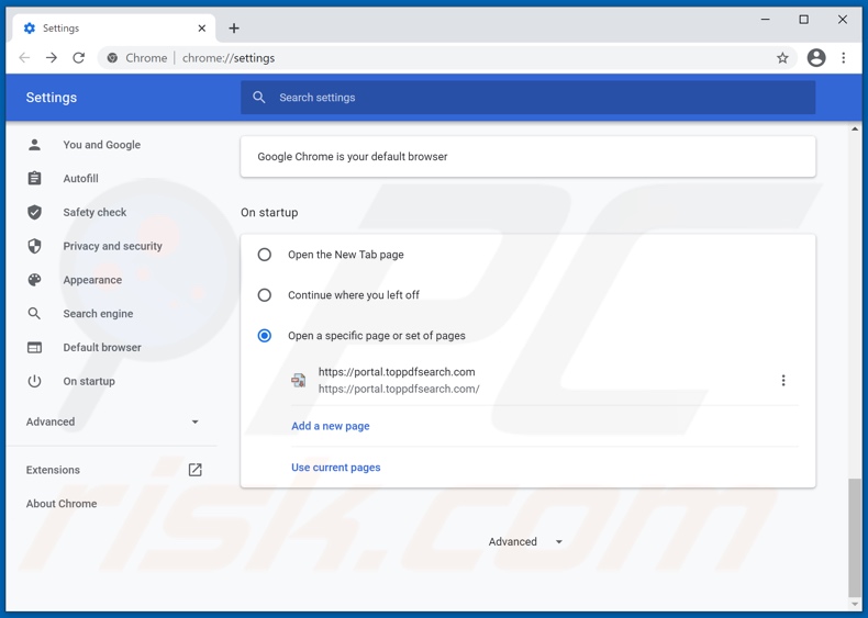 Eliminando toppdfsearch.com de la página de inicio de Google Chrome