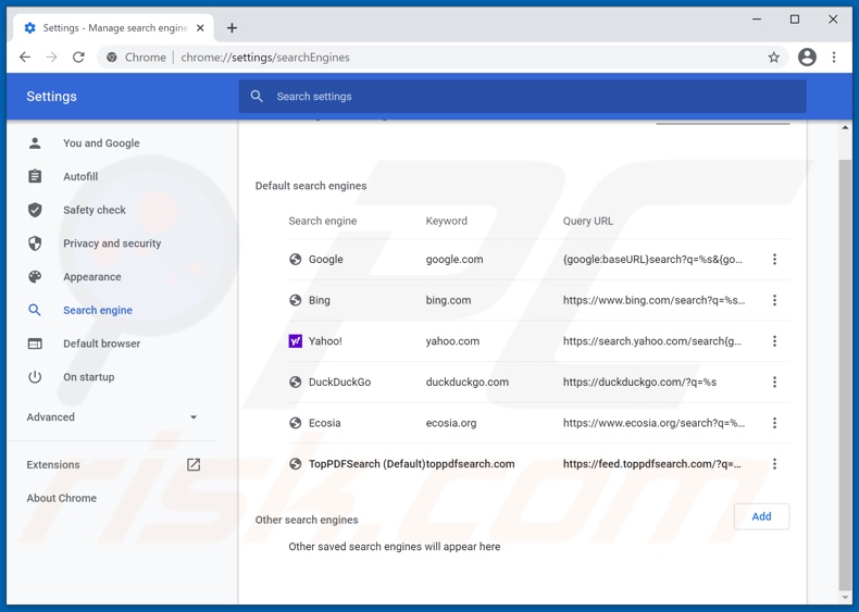 Eliminando toppdfsearch.com del motor de búsqueda predeterminado de Google Chrome