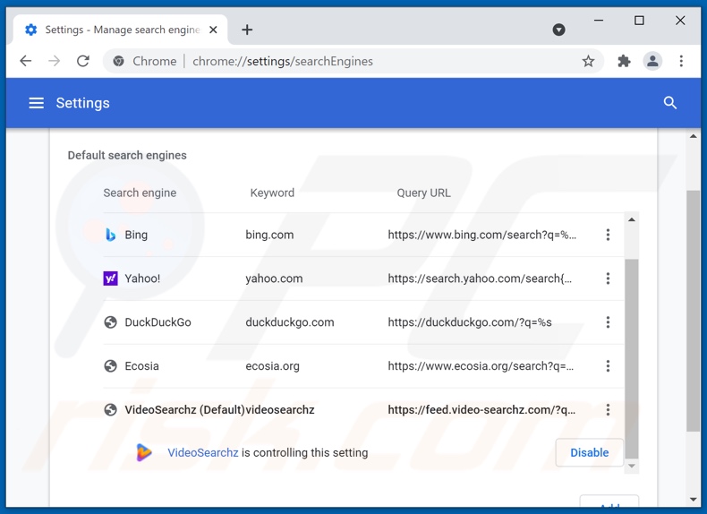 Eliminando video-searchz.com del motor de búsqueda predeterminado de Google Chrome