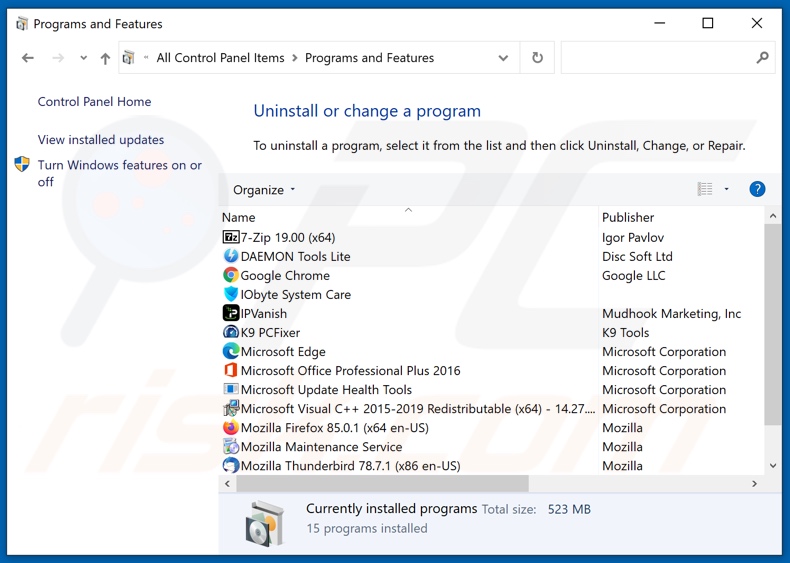 Desinstalación del secuestrador del navegador VideoSearchz a través del Panel de Control