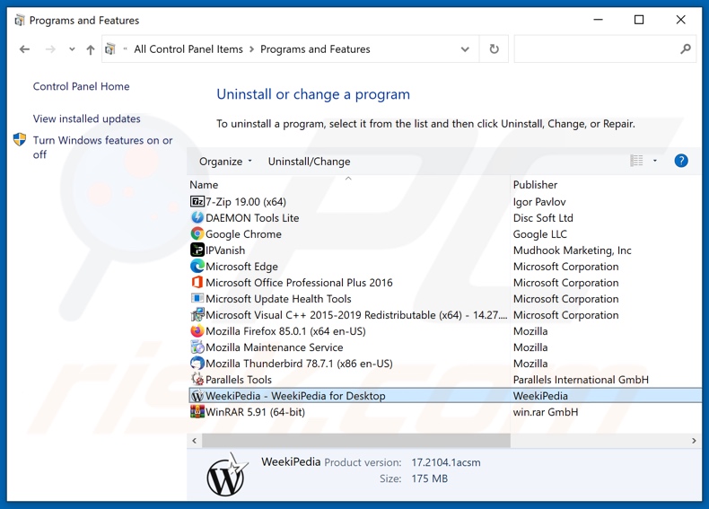 Desinstalar el adware WeekiPedia a través del Panel de Control