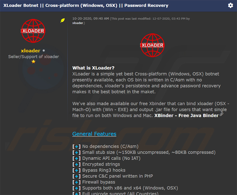 Ciberdelincuentes que venden XLoader en foros de hackers