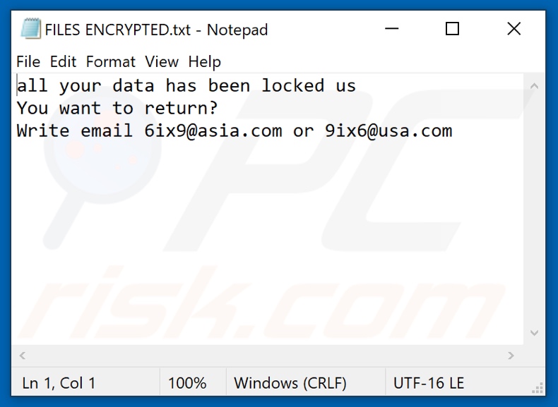 Archivo de texto del ransomware 6ix9 (FILES ENCRYPTED.txt)