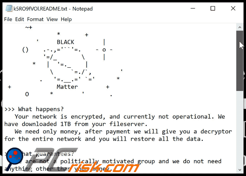 Archivo de texto del ransomware BlackMatter GIF ([caracteres_aleatorios].README.txt)