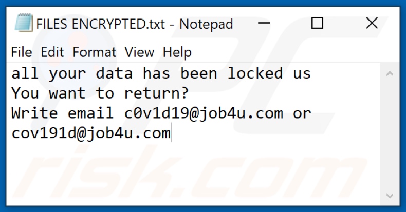 Archivo de texto del ransomware C0v (FILES ENCRYPTED.txt)