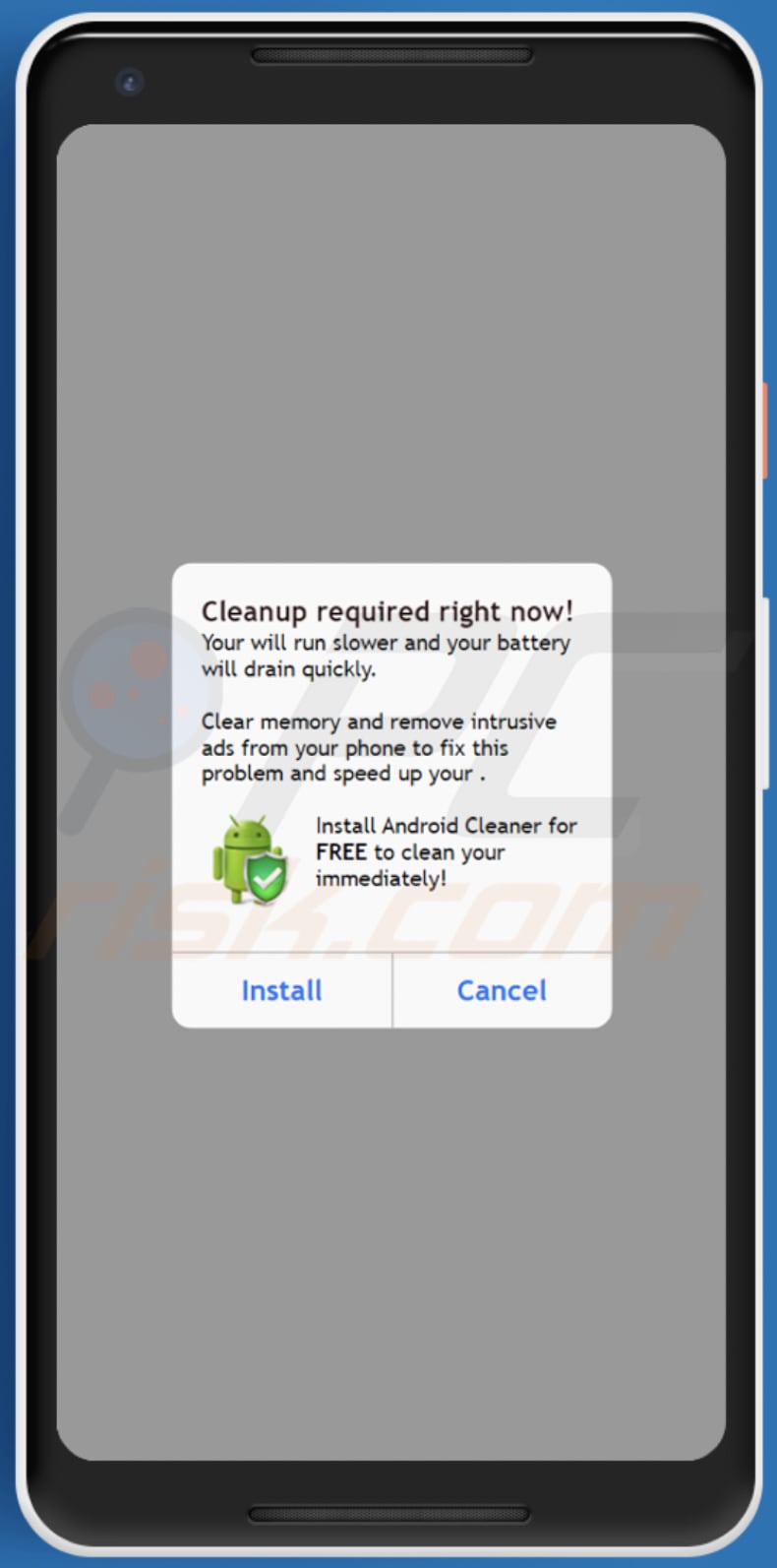 Cleanup required right now! estafa notificación falsa