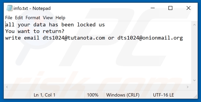 Archivo de texto del ransomware Dts (info.txt)