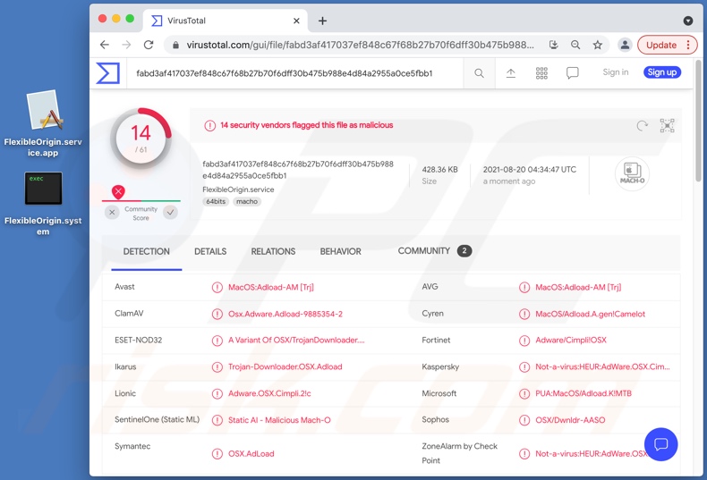 Detecciones de adware FlexibleOrigin en VirusTotal