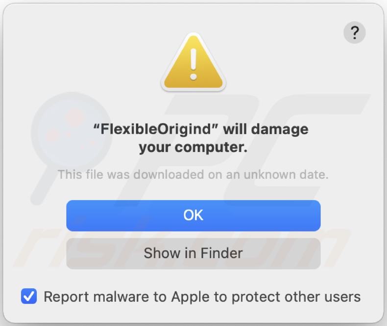 Ventana emergente que se muestra cuando se detecta el adware FlexibleOrigin en el sistema