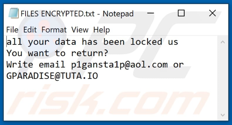 Archivo de texto del ransomware GanP (FILES ENCRYPTED.txt)