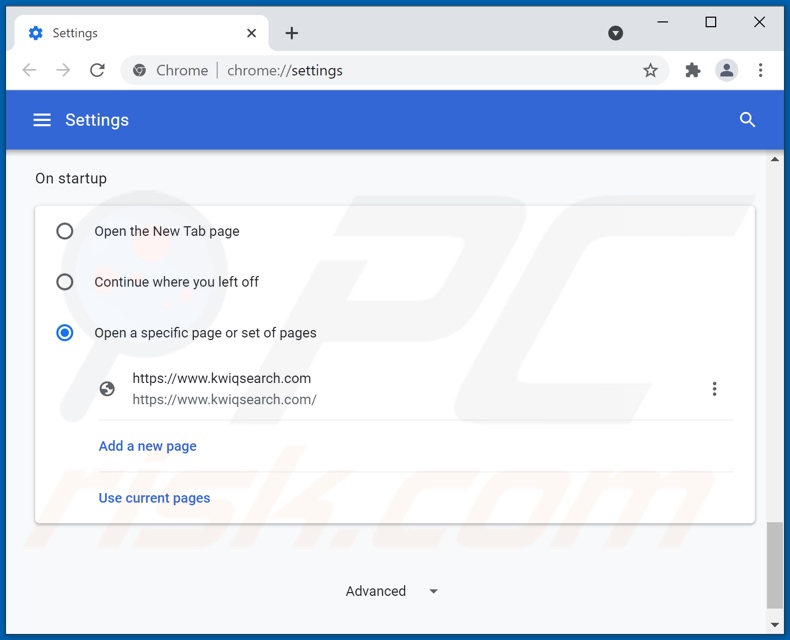 Eliminando kwiqsearch.com de la página de inicio de Google Chrome