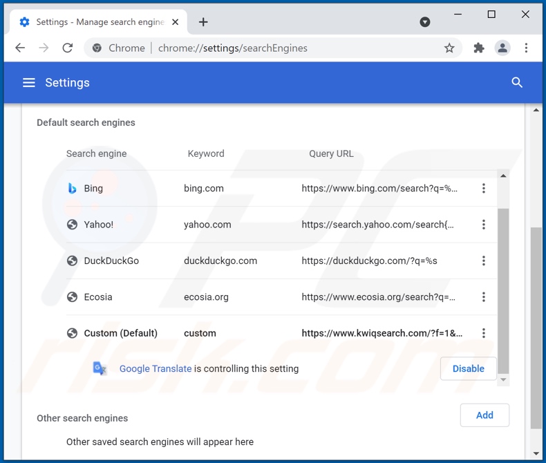 Eliminando kwiqsearch.com del motor de búsqueda predeterminado de Google Chrome
