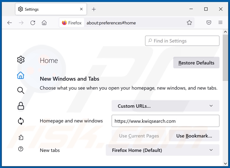 Eliminando kwiqsearch.com de la página de inicio de Mozilla Firefox