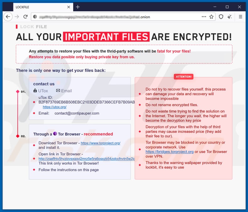 Sitio web tor del ransomware LockFile