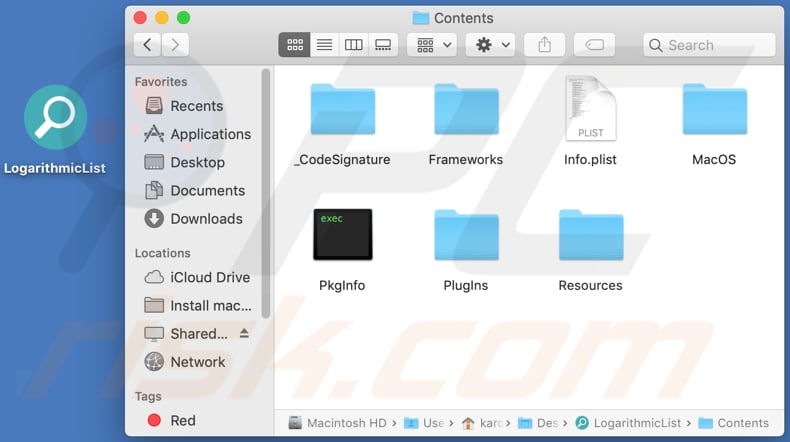 Contenido de la carpeta del adware LogarithmicList