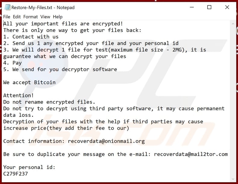 Archivo de texto del ransomware 