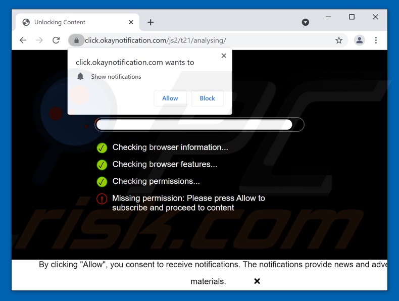 Redirecciones emergentes de okaynotification[.]com