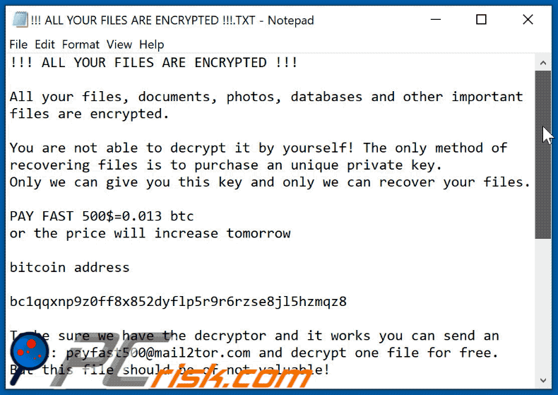 Archivo de texto del ransomware Payfast (