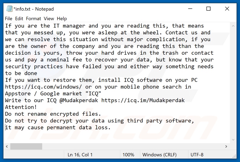 Archivo de texto del ransomware PERDAK (info.txt)