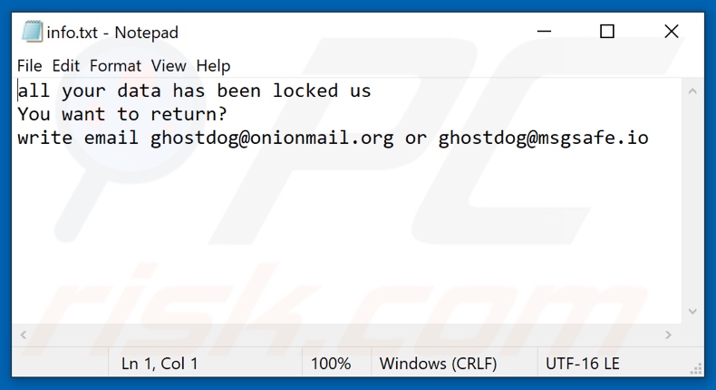 Archivo de texto del ransomware RZA (info.txt)