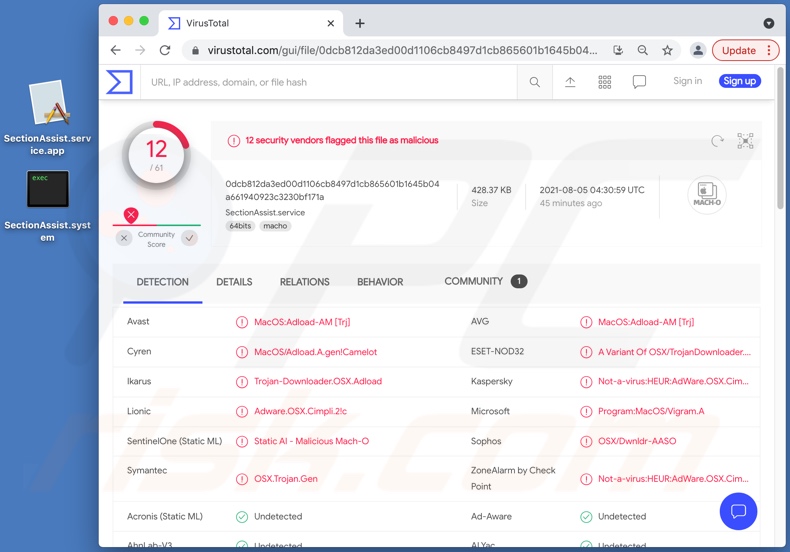 Detecciones de adware SectionAssist en VirusTotal