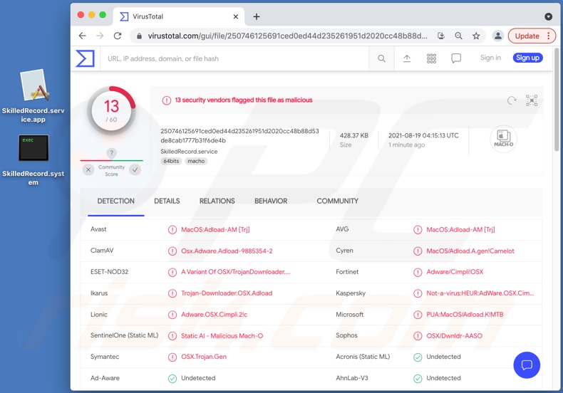 Detecciones de adware SkilledRecord en VirusTotal