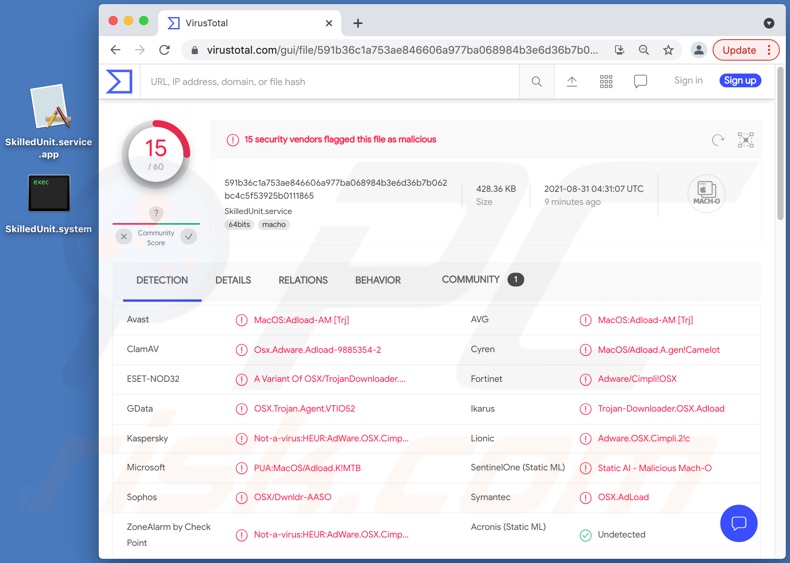 Detecciones de adware SkilledUnit en VirusTotal