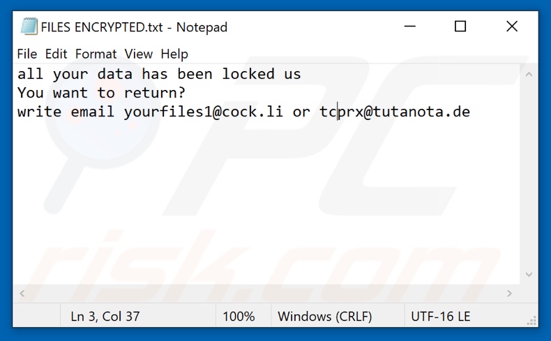 Archivo de texto del ransomware TCYO (FILES ENCRYPTED.txt)