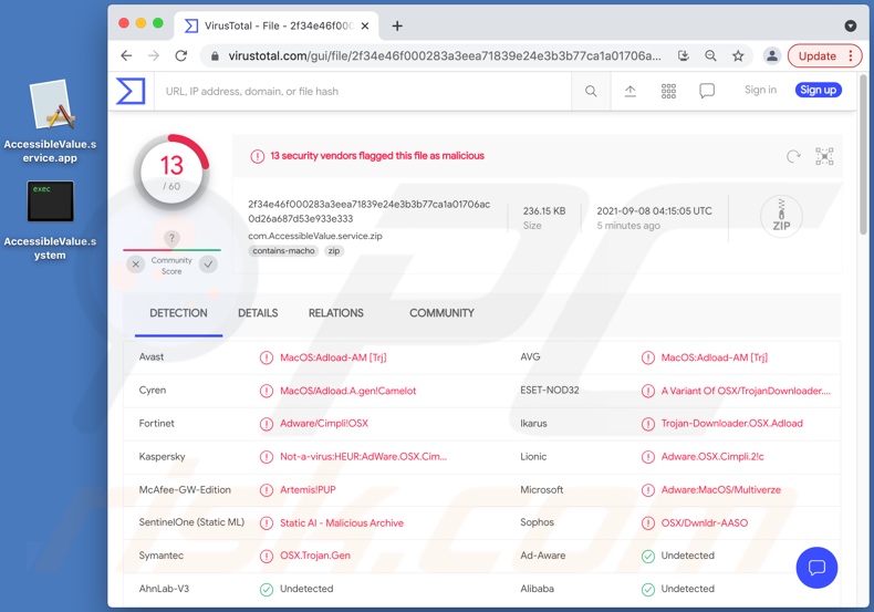 Detecciones de adware AccessibleValue en VirusTotal