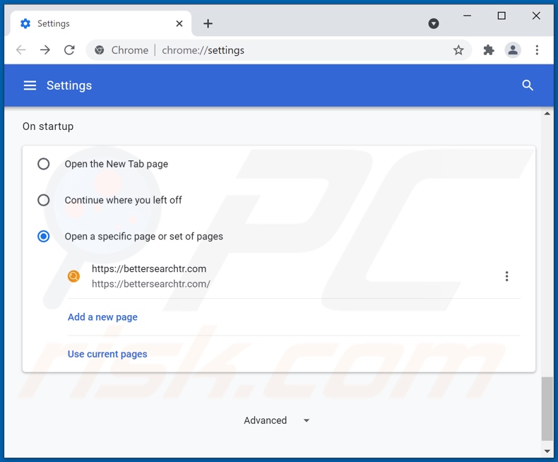 Eliminando bettersearchtr.com de la página de inicio de Google Chrome