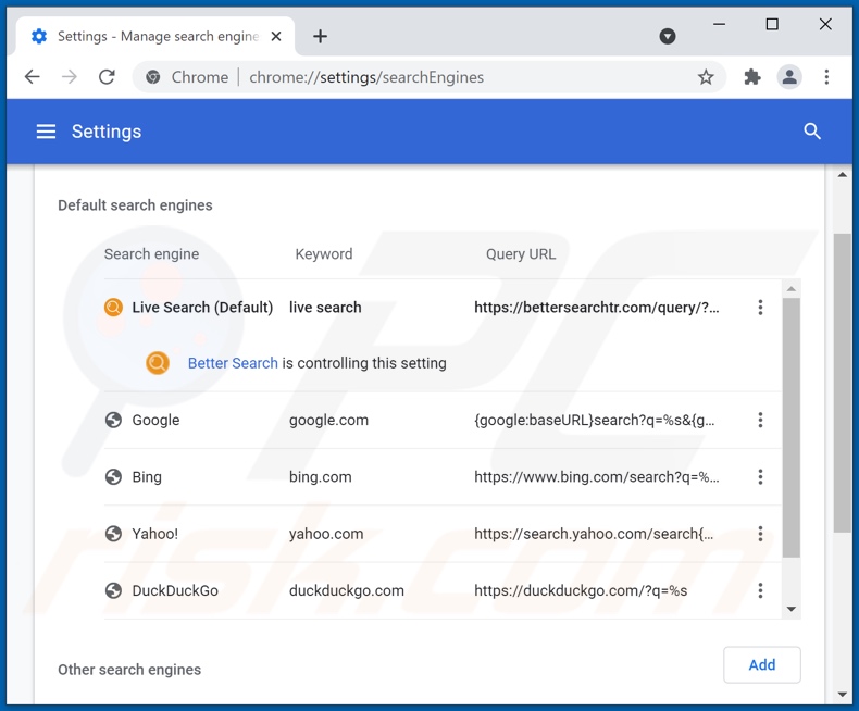 Eliminando bettersearchtr.com del motor de búsqueda predeterminado de Google Chrome