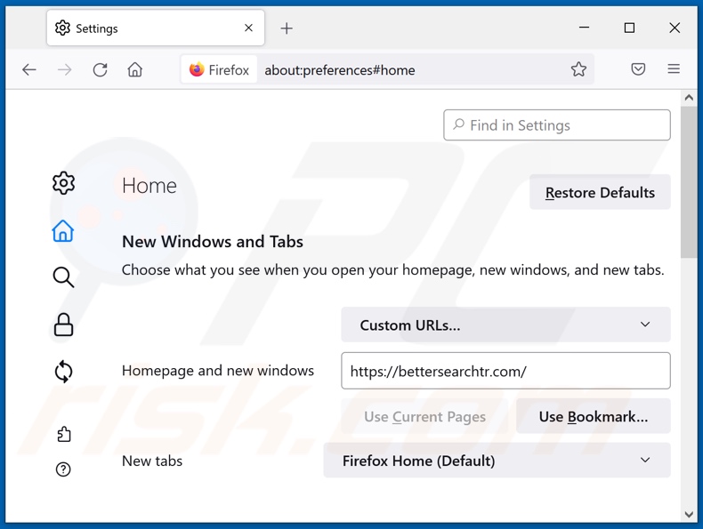 Eliminando bettersearchtr.com de la página de inicio de Mozilla Firefox