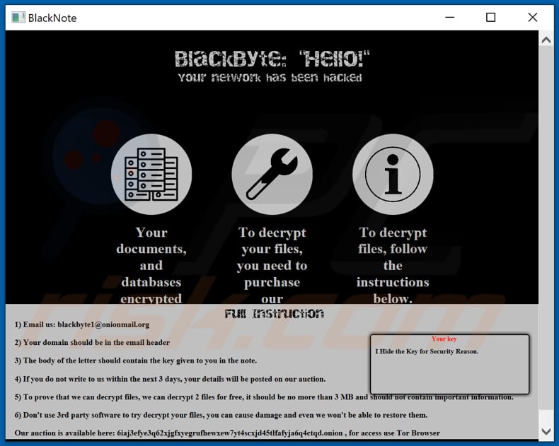 Instrucciones de desencriptado de BlackByte (BlackByte_restoremyfiles.hta)