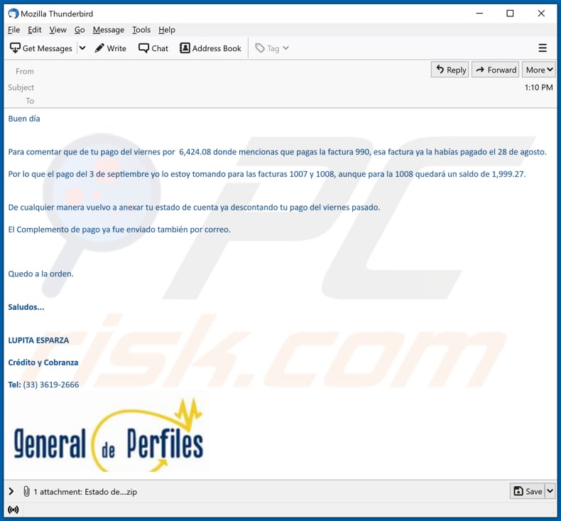 Email utilizado para enviar el malware BluStealer 1
