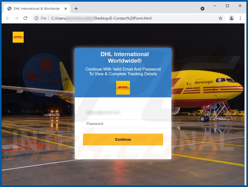 Adjunto del correo electrónico de phishing de confirmación de envío de DHL Express (E-Contact Form.html)