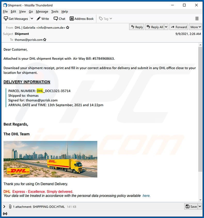 Correo no deseado de confirmación de envío de DHL Express (2021-09-10)