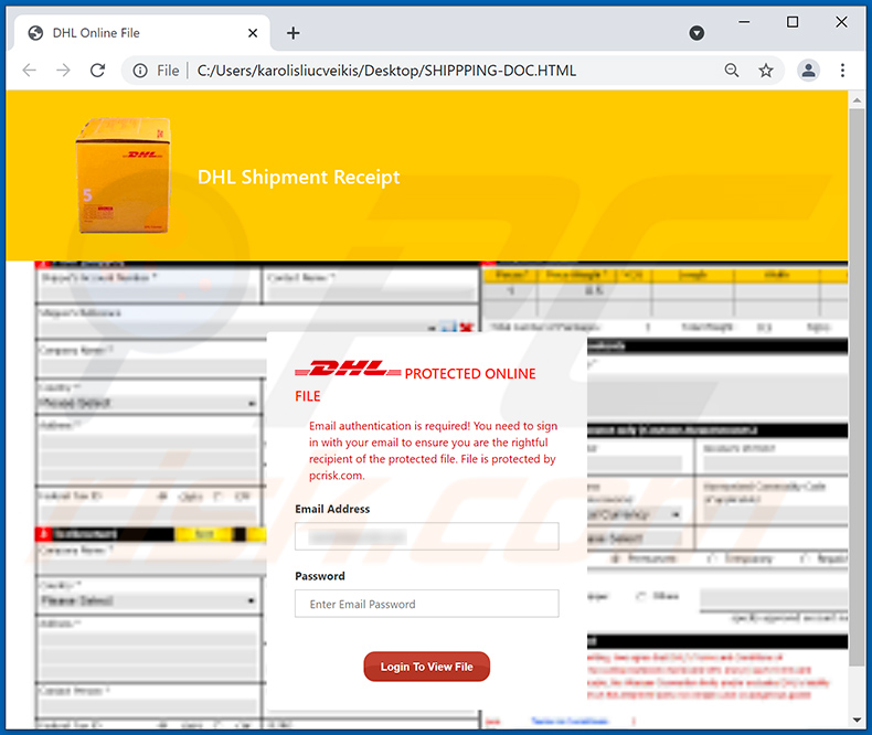 Archivo HTML distribuido a través de un correo electrónico spam con temática DHL Express (2021-09-08)